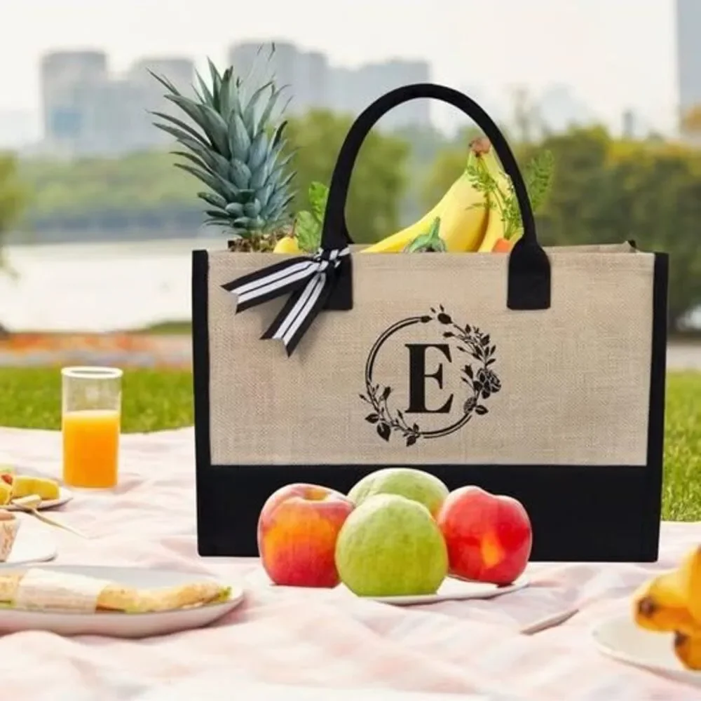Tote Bag Set 2Piece Personalized Initial E Jute Beach Bag Monogram Gift Set NWT